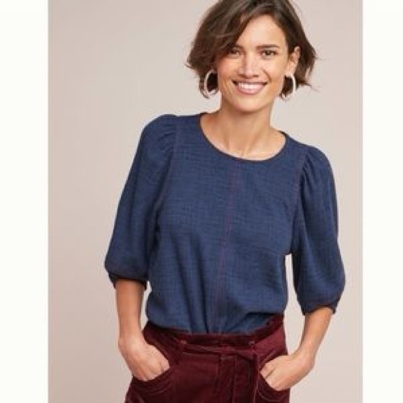 Anthropologie Current‎ Air Women Top XS Blue Textured Delilah Puff Sleeve Crew - Picture 1 of 10